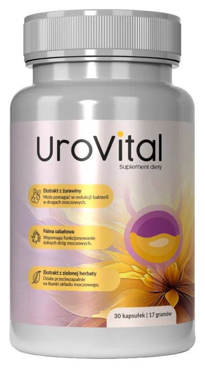 UroVital – biało-srebrna butelka suplementu diety, na etykiecie żurawina, palma sabałowa i zielona herbata