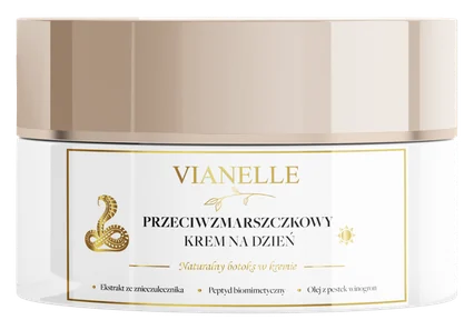 Vianelle – niski szklany słoiczek kremu na dzień z beżową zakrętką i białą etykietą ze złotym wężem