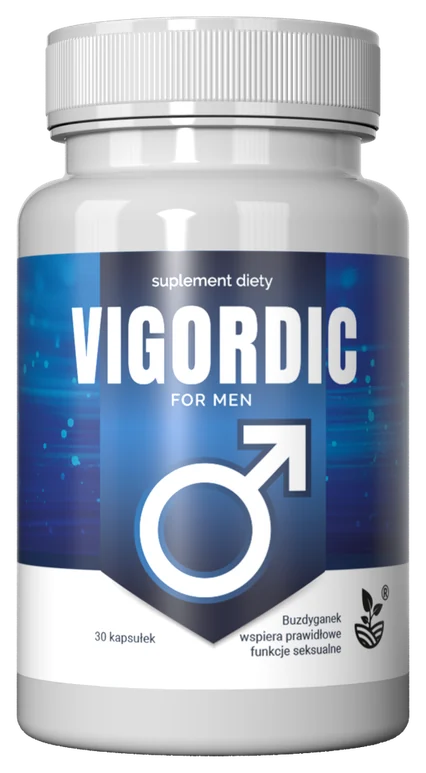 Vigordic for men – biała butelka suplementu diety z granatową etykietą i symbolem Marsa, opakowanie 30 kapsułek