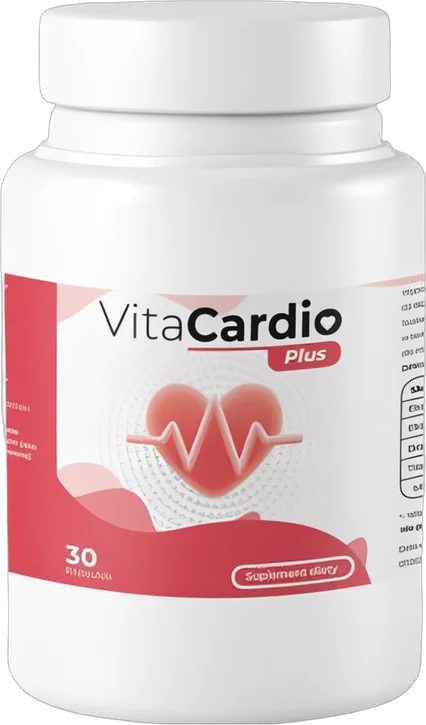 VitaCardio Plus – biały słoiczek suplementu diety w kapsułkach, czerwona etykieta z sercem, linią EKG i liczbą 30
