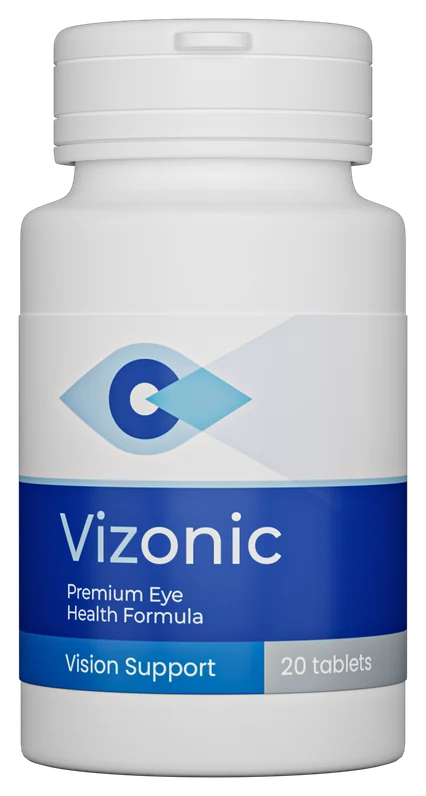 Vizonic – biała butelka suplementu diety, na granatowej etykiecie stylizowane oko i napis 20 tablets