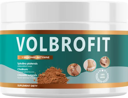 VolbroFit – biały słoik suplementu diety w proszku z turkusową etykietą, na której widać usypany proszek